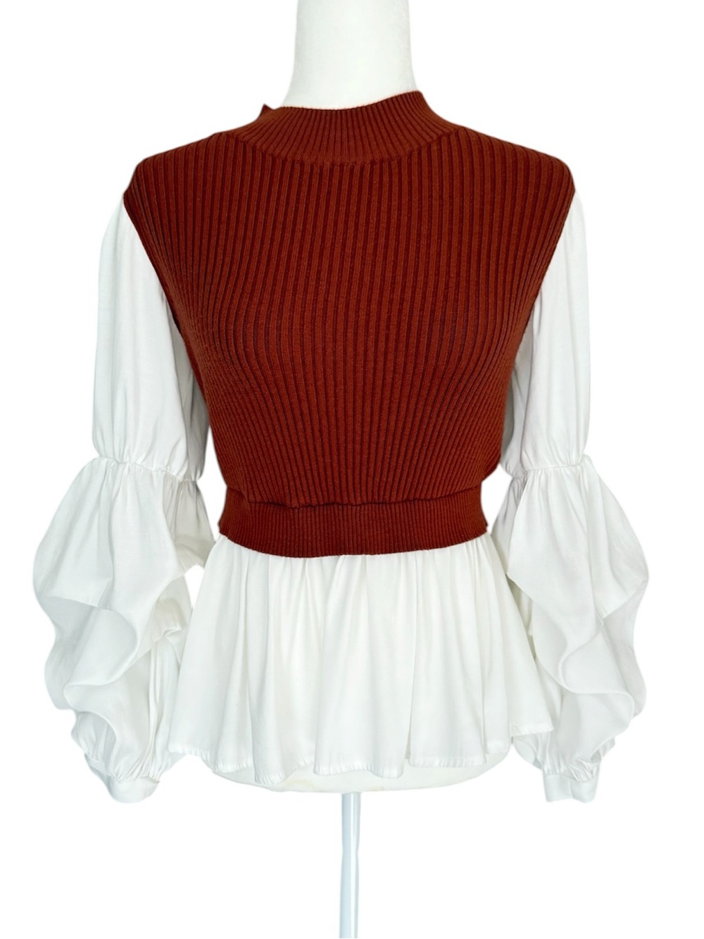 English Factory Mixed Media Rust Cable Knit Sweater/Shirt Layered Puff Sleeve XS
